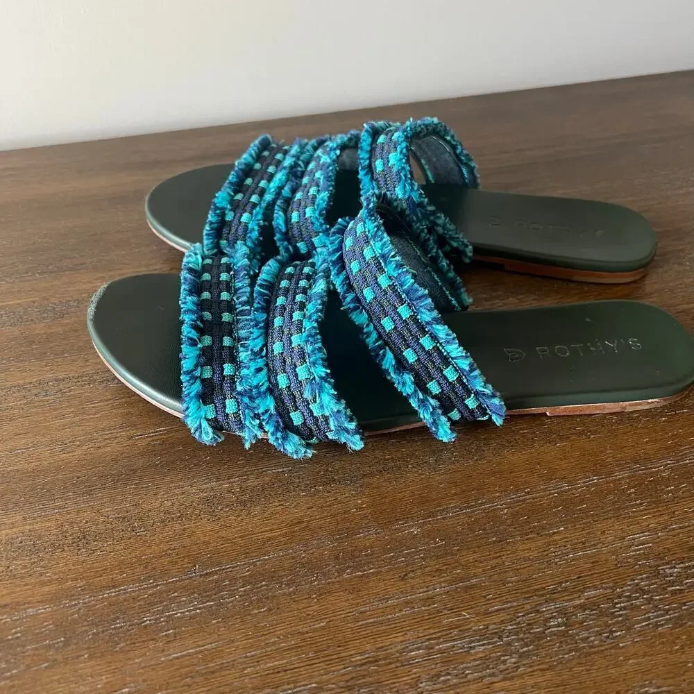 Rothy’s Woman’s Teal Blue‎ Print Slip On Fringe Triple Band Sandal- Size 8.5